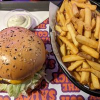 Big Wap burger, fries, garlic dip! at The Saucy Cow in Dublin