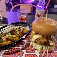 View of my full meal: Secret Saucy mushroom burger & spicy hashbrowns  at The Saucy Cow in Dublin