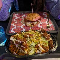 Chick*n burger and loaded fries with breaded mushroom bites at The Saucy Cow in Dublin