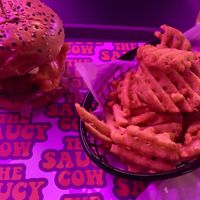 Classic burger with waffle friess  at The Saucy Cow in Dublin