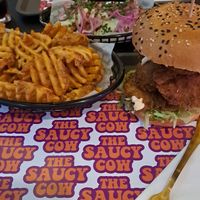 Mushroom burger, waffl fries, hashbrowns at The Saucy Cow in Dublin