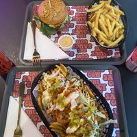 BBQ Burger, Fries w Chipotle, hot papi loaded fries  at The Saucy Cow in Dublin