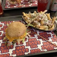 Garlic fries, big wap with gluten-free bun  at The Saucy Cow in Dublin