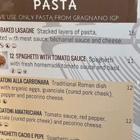 Pasta menu with one vegan dish; the Spaghetti with tomato sauce (July 2023) at Caffe Washington in Rome