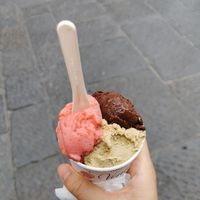 Vegan strawberry, dark chocolate and pistachio gelato at Venchi in Florence