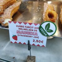 Strawberry jam filled churros at Xurreria Trebol in Barcelona