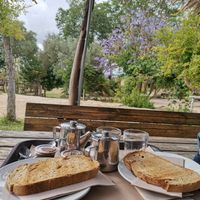 Desayuno con morcilla y manteca colora vegana at Miel Rancho Cortesano in Jerez