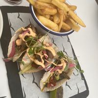 Vegan mushroom tacos with a side of fries at Southsea Beach Cafe in Southsea