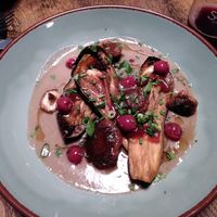 Seasonable miso eggplant with pickled cherries and mushrooms at Palette in Kappeln