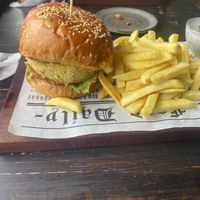 Vegan burger with fries   at Ocean Cafe in Santa Maria