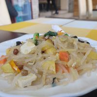 Fried tofu, potatoes, and noodles at Agnista - Seoul Street in Ulaanbaatar