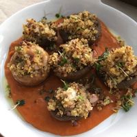 Appetizer: quinoa stuffed mushrooms on  a delicious tomato base   at Estro in Cairo