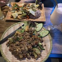 Fried rice #93 (seafood) and #99 (meat) with strawberry „smoothie“ (ice milk shake)  at Vegan 1983 in Erfurt