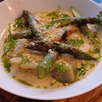 Special: Gnocchi with asparagus and chestnut creme. Soooo yummy at VIBE Plant Based Cafe & Restaurant in Douglas