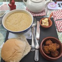 Their famous lentil soup with pakora and vegan butter. at Micahs Tearooms in Morpeth