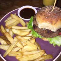 Vegan burger with fries at Beach Break in Puerto Viejo De Talamanca