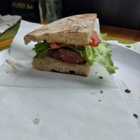 Half the portion of the vegan burger (one burger in each half) at Faísca in Santana