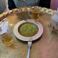 Vegan knafe with tea  at Knaftea in Jerusalem