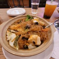 Hot pot with vegan shrimp- shrimp was not flavored at all and I kept finding so many peices of ginger in the noodles. So overpowering.. at My Thai Vegan & Boba in Frisco