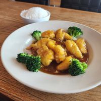 Sweet and sour shrimp with white rice at My Thai Vegan & Boba in Frisco