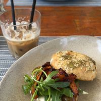 Bagel with vegan bacon and iced cappuccino with soy milk   at Moto Laurie in Da Lat