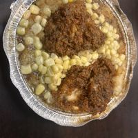 UFC bowl (KFC style bowl) mashed potatoes, corn, and friend tofu chicken.😋  at Viva Vegan in Colton