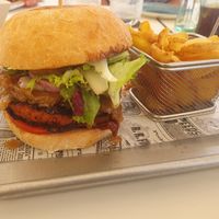 Vegan soy burger with fries. at Casablanca  in Guardamar Del Segura