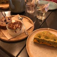 Blueberry cake, frozen yoghurt with caramel syrup and cinnamon sugar and half the pesto sandwich  at YB by Yoghurt Barn - Vinkenburgstraat in Utrecht