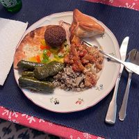 Manaeesh veggie flatbread, falafel, small spinach pie, eggplant and chickpeas, modrdara (lentils and rice), and grape leaves.  at New Yasmeen Bakery in Dearborn