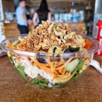 Spinach, couscous, lentils, mango dressing, cucumber, tomatoes, black olives, topped with mixed nuts and crispy onions 😋 at The Bowl Haus in Lanzarote