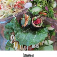 My raw vegan sampler from the Live Island Cafe - Clockwise from top left: Pad Thai, Tabbouleh, Soft Taco. Middle: sushi at Live Island Cafe in Huntington