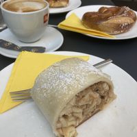 Apple strudel (no gluten), pretzel and almond cappuccino    at Strudel Cafe Kröll in Innsbruck