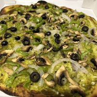 The Foresta - Pesto sauce, vegan mozzarella, mushrooms, black olives, green pepper and Figueres onion.  at Sabriona Pizzeria in Girona