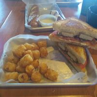 Tater Tots, Deluxe Grilled cheese add Faux Chick and Pretzel appetizer. at Treehouse in Terre Haute
