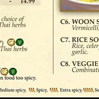 Part of the menu with vegan options marked. at Chiangmai Thai Kitchen in Longview