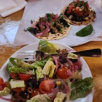 kale and mushroom taco (no cheese), potato and bean taco, and chopped salad (no cheese). don't let the small plate fool you, you get a HUGE salad in a big bowl at Black Sheep in Bellingham