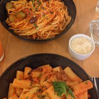 Rigatoni & spaghetti with vegan parmesan at The Italian Kitchen in Sheffield