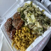 Friend chicken plate with cabbage & kale and Mac and cheese   at Di-Vine Plant Based Cuisine in Forest Park