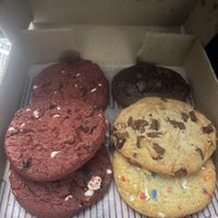 Vegan cookies, including vegan red velvet cookies and cream  at Insomnia Cookies in Cambridge