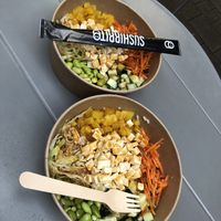 Our food in bowls, next time I’ll get a roll !  at Sushirrito in Belgrade