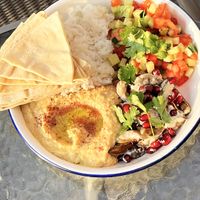 Israeli eggplant, hummus and pita, rice, Israeli salad at Hummus Kimchi in Yerevan