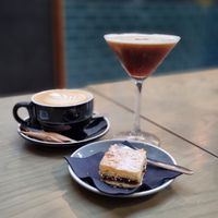 Black Market Espresso's Espresso Martini, Coffee with Oat, and Vegan Bakewell at Stockport Produce Hall in Manchester