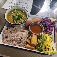 Split pea curry plate at Stockport Produce Hall in Manchester
