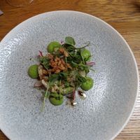 Potato salad w pea puree at The Woodspeen in Newbury