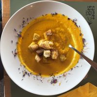 Carrot and ginger soup with croutons   at Rifugio Campo Base in Ayas