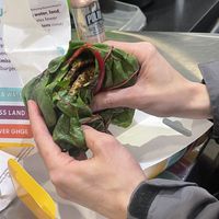 Double chz burger w added mushroom bac’n  roasted jalapeño and sub Swiss chard wrap  at PLNT Burger in Boston