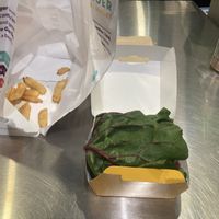 Double chz burger w added mushroom bac’n  roasted jalapeño and sub Swiss chard wrap  at PLNT Burger in Boston