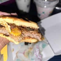 BBQ mushroom burger with shake in the background at PLNT Burger in Boston