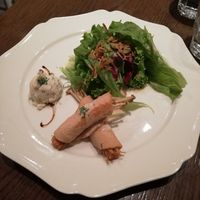 Vegan ham wrapped around mushroom, some kind of mush and a salad at T's Restaurant in Tokyo