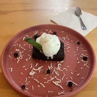 Brownie and coconut ice cream  at Coral Vegan Pizza in Playa Del Carmen
